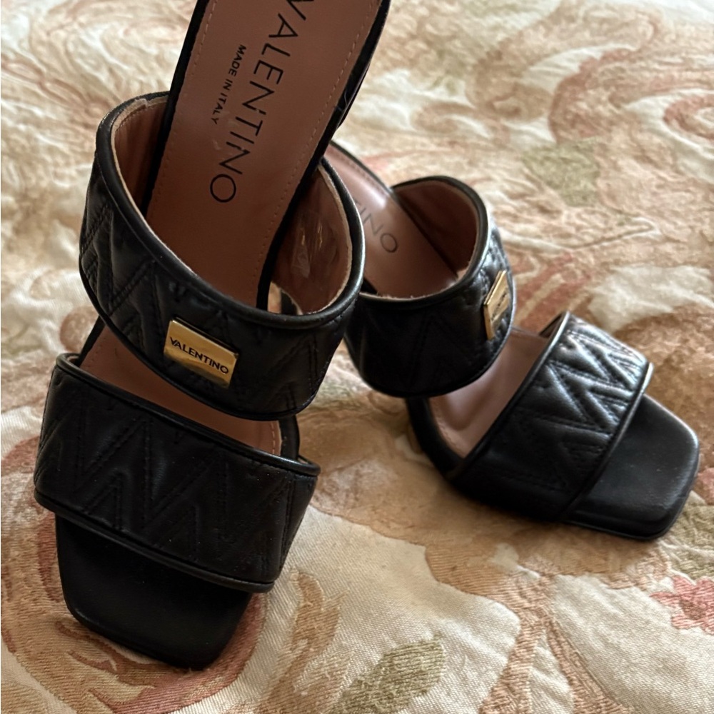 Valentino Black Quilted Sandals with Gold Accents
